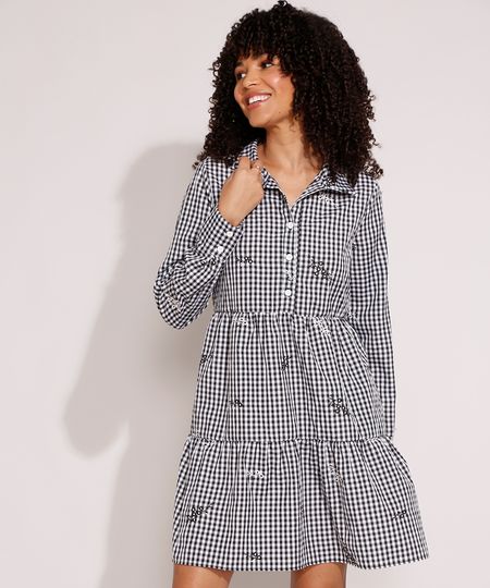 Vestido-Estampado-Xadrez-Vichy-com-Bordado-e-Recortes-Curto-Manga-Longa-Preto-9994254-Preto_1