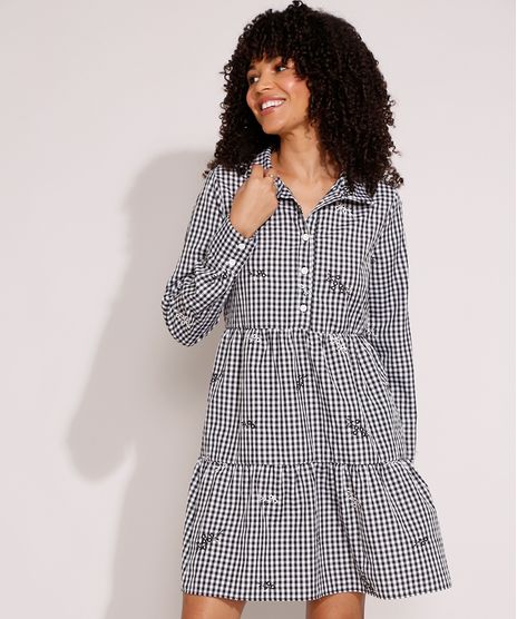 Vestido-Estampado-Xadrez-Vichy-com-Bordado-e-Recortes-Curto-Manga-Longa-Preto-9994254-Preto_1