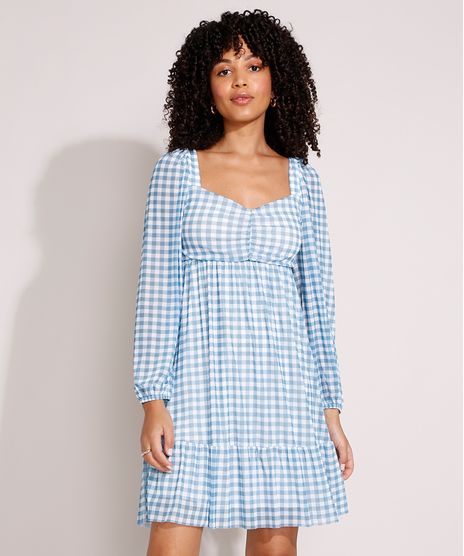 Vestido-de-Tule-Estampado-Xadrez-com-Franzido-e-Recorte-Curto-Manga-Bufante-Azul-9994250-Azul_1