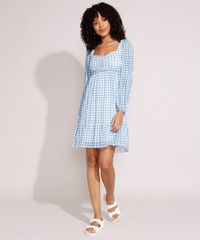 Vestido-de-Tule-Estampado-Xadrez-com-Franzido-e-Recorte-Curto-Manga-Bufante-Azul-9994250-Azul_3