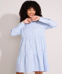 Vestido-de-Algodao-Estampado-Xadrez-Vichy-com-Recortes-Curto-Manga-Longa-Azul-9994252-Azul_1
