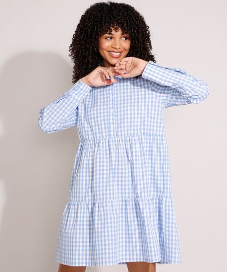 Vestido-de-Algodao-Estampado-Xadrez-Vichy-com-Recortes-Curto-Manga-Longa-Azul-9994252-Azul_1