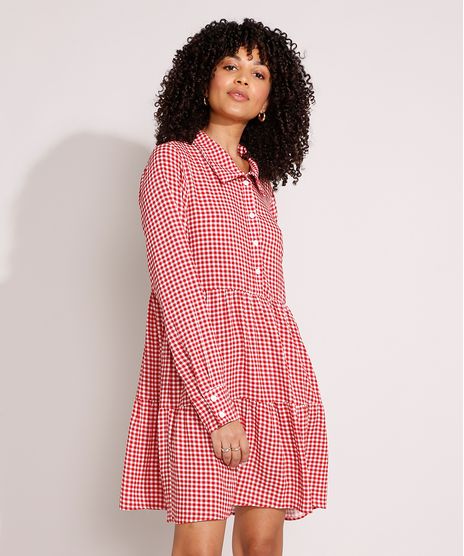 Vestido-de-Viscose-Estampado-Xadrez-Vichy-com-Recortes-Curto-Manga-Longa-Vermelho-9994253-Vermelho_1