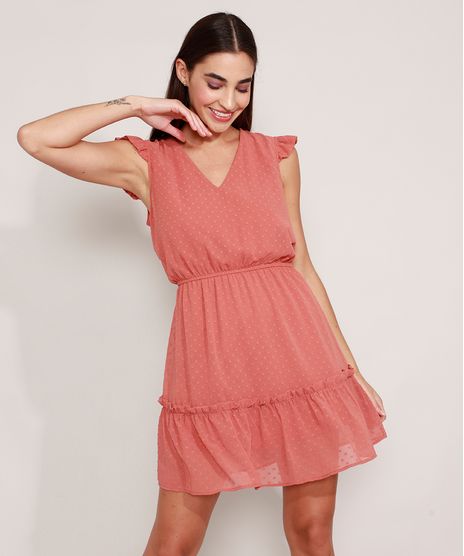 Vestido-Acinturado-Curto-Sem-Manga-com-Babado-Decote-V-Coral-9984726-Coral_1