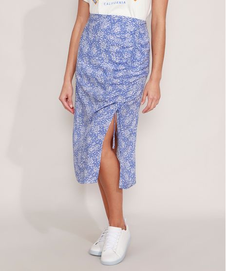 Saia-Midi-de-Viscose-Estampada-Floral-com-Franzido-Azul-9982266-Azul_1