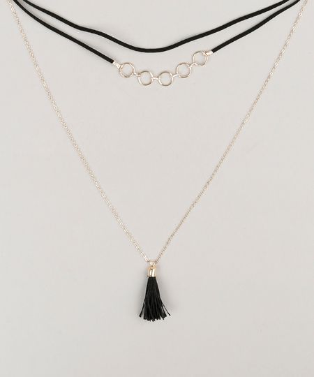 Colar Feminino Choker com Argolas e Tassel Dourado - Único Menor preço em Colar Feminino Choker com Argolas e Tassel Dourado - Único