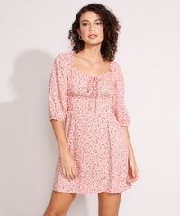 Vestido-de-Viscose-Estampado-Floral-com-Franzido-e-Amarracao-Curto-Manga-Bufante-Rose-9984365-Rose_1