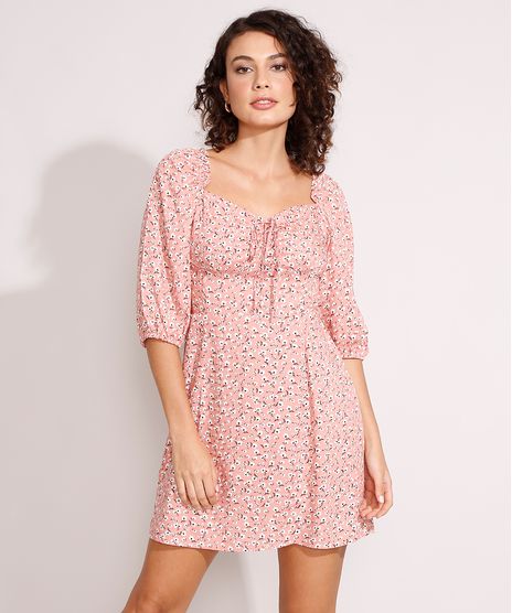 Vestido-de-Viscose-Estampado-Floral-com-Franzido-e-Amarracao-Curto-Manga-Bufante-Rose-9984365-Rose_1