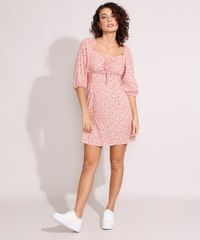 Vestido-de-Viscose-Estampado-Floral-com-Franzido-e-Amarracao-Curto-Manga-Bufante-Rose-9984365-Rose_3