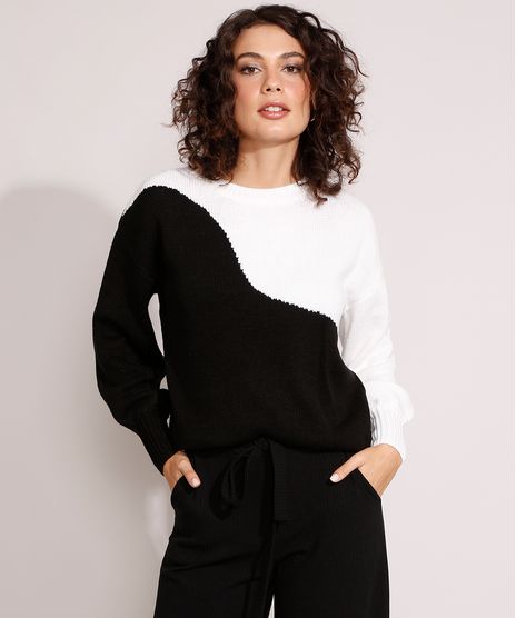 Sueter-Amplo-de-Trico-Bicolor-Manga-Bufante-Decote-Redondo-Preto-9970919-Preto_1