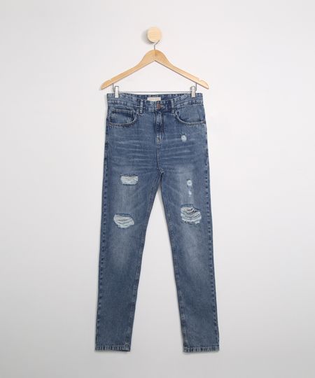 Calca-Juvenil-Jeans-Carrot-Destroyed-com-Barra-Dobrada-Azul-Medio-9988313-Azul_Medio_1