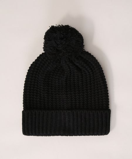 Gorro-Feminino-de-Trico-Canelado-com-Pompom-Preto-9834502-Preto_1