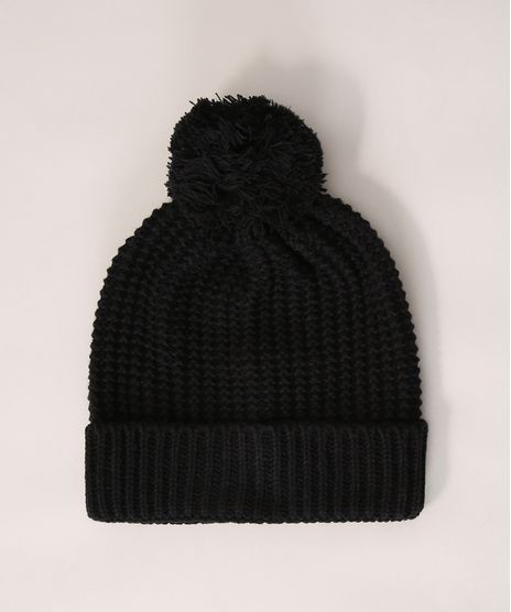 Gorro-Feminino-de-Trico-Canelado-com-Pompom-Preto-9834502-Preto_1