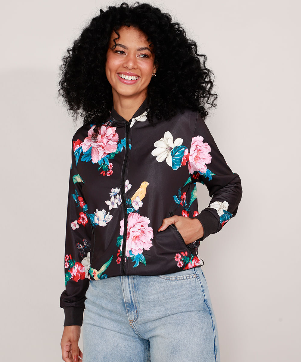 Jaqueta Bomber Estampada Floral Preta