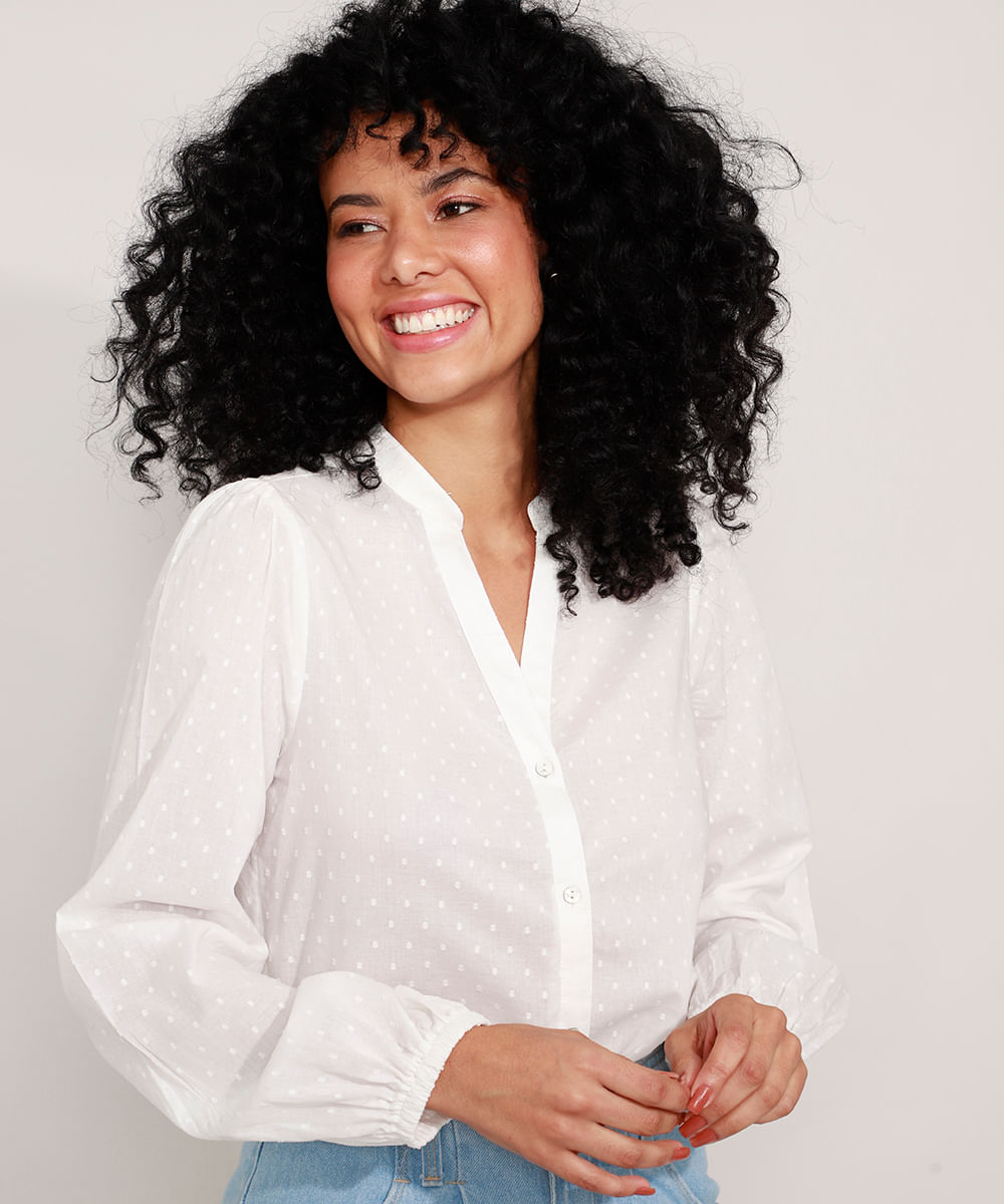 Camisa de Algodão Texturizada Poá Manga Longa Gola Padre Off White