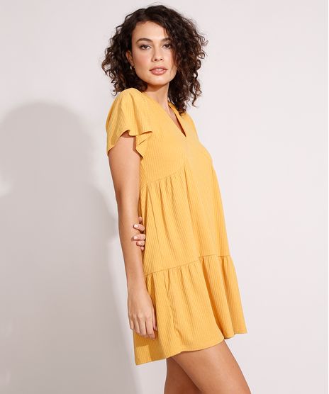 Vestido-Feminino-Curto-Canelado-com-Recortes-e-Amarracao-Manga-Curta-Ampla-Mostarda-9975912-Mostarda_1