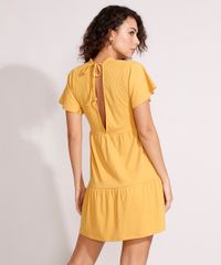 Vestido-Feminino-Curto-Canelado-com-Recortes-e-Amarracao-Manga-Curta-Ampla-Mostarda-9975912-Mostarda_2