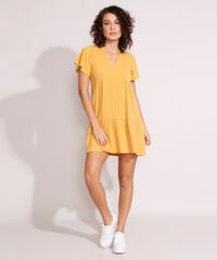 Vestido-Feminino-Curto-Canelado-com-Recortes-e-Amarracao-Manga-Curta-Ampla-Mostarda-9975912-Mostarda_3