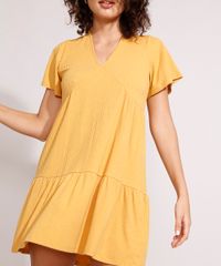 Vestido-Feminino-Curto-Canelado-com-Recortes-e-Amarracao-Manga-Curta-Ampla-Mostarda-9975912-Mostarda_5