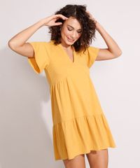 Vestido-Feminino-Curto-Canelado-com-Recortes-e-Amarracao-Manga-Curta-Ampla-Mostarda-9975912-Mostarda_6