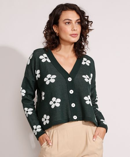 Cardigan-Amplo-de-Trico-Estampado-de-Margaridas-Verde-9984498-Verde_1