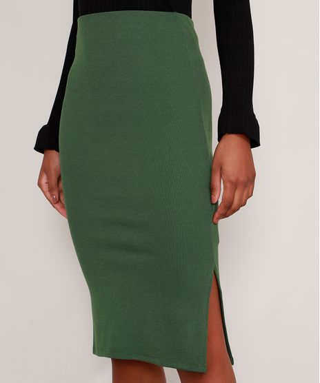 Saia-Feminina-Midi-Canelada-com-Fendas-Verde-Militar-9880388-Verde_Militar_1