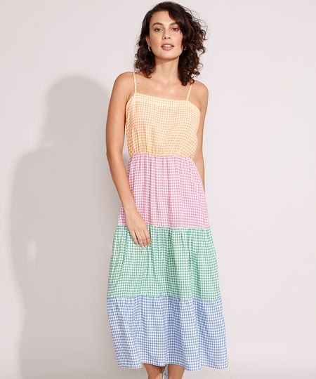 Vestido-de-Viscose-Estampado-Xadrez-Vichy-com-Recortes-Longo-Alca-Laco-Multicor-9985763-Multicor_1
