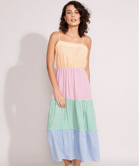 Vestido-de-Viscose-Estampado-Xadrez-Vichy-com-Recortes-Longo-Alca-Laco-Multicor-9985763-Multicor_1