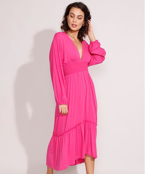 Vestido-com-Recorte-e-Lastex-Midi-Manga-Bufante-Pink-9993176-Pink_1