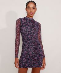 Vestido-de-Tule-Estampado-Floral-com-Franzido-Curto-Manga-Longa-Multicor-9976256-Multicor_1