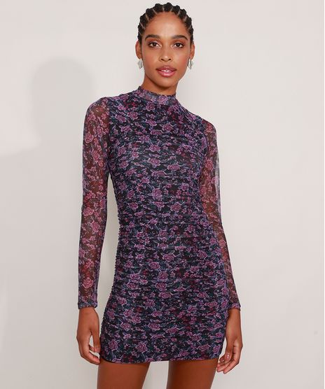 Vestido-de-Tule-Estampado-Floral-com-Franzido-Curto-Manga-Longa-Multicor-9976256-Multicor_1