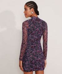 Vestido-de-Tule-Estampado-Floral-com-Franzido-Curto-Manga-Longa-Multicor-9976256-Multicor_2