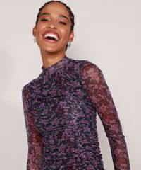 Vestido-de-Tule-Estampado-Floral-com-Franzido-Curto-Manga-Longa-Multicor-9976256-Multicor_5