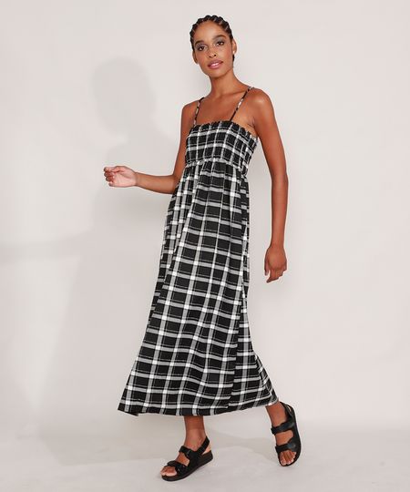 Vestido-Amplo-Estampado-Xadrez-Longo-Alca-Fina-Decote-Reto-Preto-9993088-Preto_1
