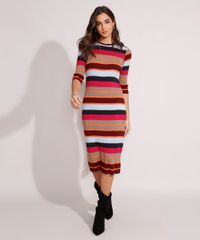 Vestido-de-Trico-Canelado-Listrado-Midi-Manga-3-4-Multicor-9975003-Multicor_1