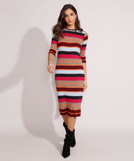 Vestido-de-Trico-Canelado-Listrado-Midi-Manga-3-4-Multicor-9975003-Multicor_1