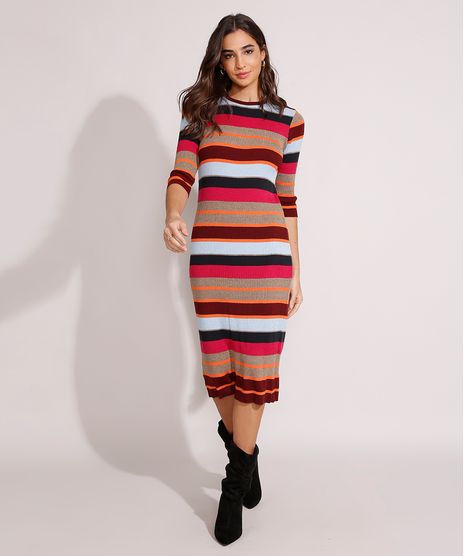 Vestido-de-Trico-Canelado-Listrado-Midi-Manga-3-4-Multicor-9975003-Multicor_1