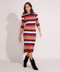 Vestido-de-Trico-Canelado-Listrado-Midi-Manga-3-4-Multicor-9975003-Multicor_3