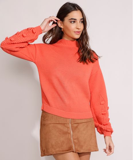 Sueter-de-Trico-Texturizado-Manga-Bufante-com-Pompom-Gola-Alta-Coral-9984035-Coral_1