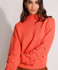 Sueter-de-Trico-Texturizado-Manga-Bufante-com-Pompom-Gola-Alta-Coral-9984035-Coral_4