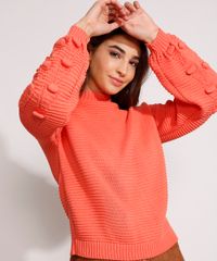 Sueter-de-Trico-Texturizado-Manga-Bufante-com-Pompom-Gola-Alta-Coral-9984035-Coral_5