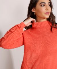 Sueter-de-Trico-Texturizado-Manga-Bufante-com-Pompom-Gola-Alta-Coral-9984035-Coral_6