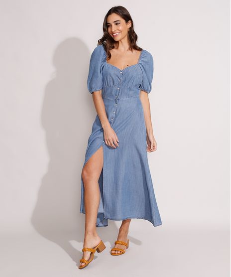 Vestido-Jeans-Midi-Manga-Bufante-com-Botoes-e-Fenda-Azul-Medio-9989000-Azul_Medio_1