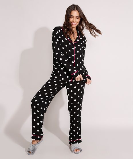 Pijama-Camisa-Manga-Longa-Estampado-de-Poa-com-Vivo-Contrastante-Preto-9979905-Preto_1