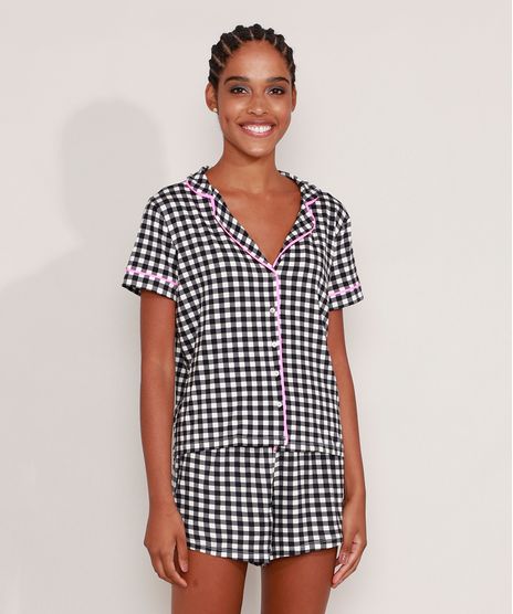 Pijama-Camisa-Manga-Curta-Tal-Mae-Tal-Filha-Estampado-Xadrez-Vichy-com-Vivo-Contrastante-Preto-9982964-Preto_1
