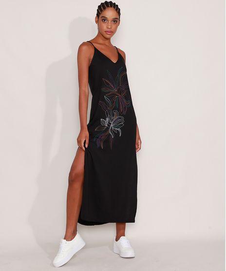 Vestido-Longo-com-Fenda-Flores-Alca-Fina-Decote-V-Preto-9984524-Preto_1