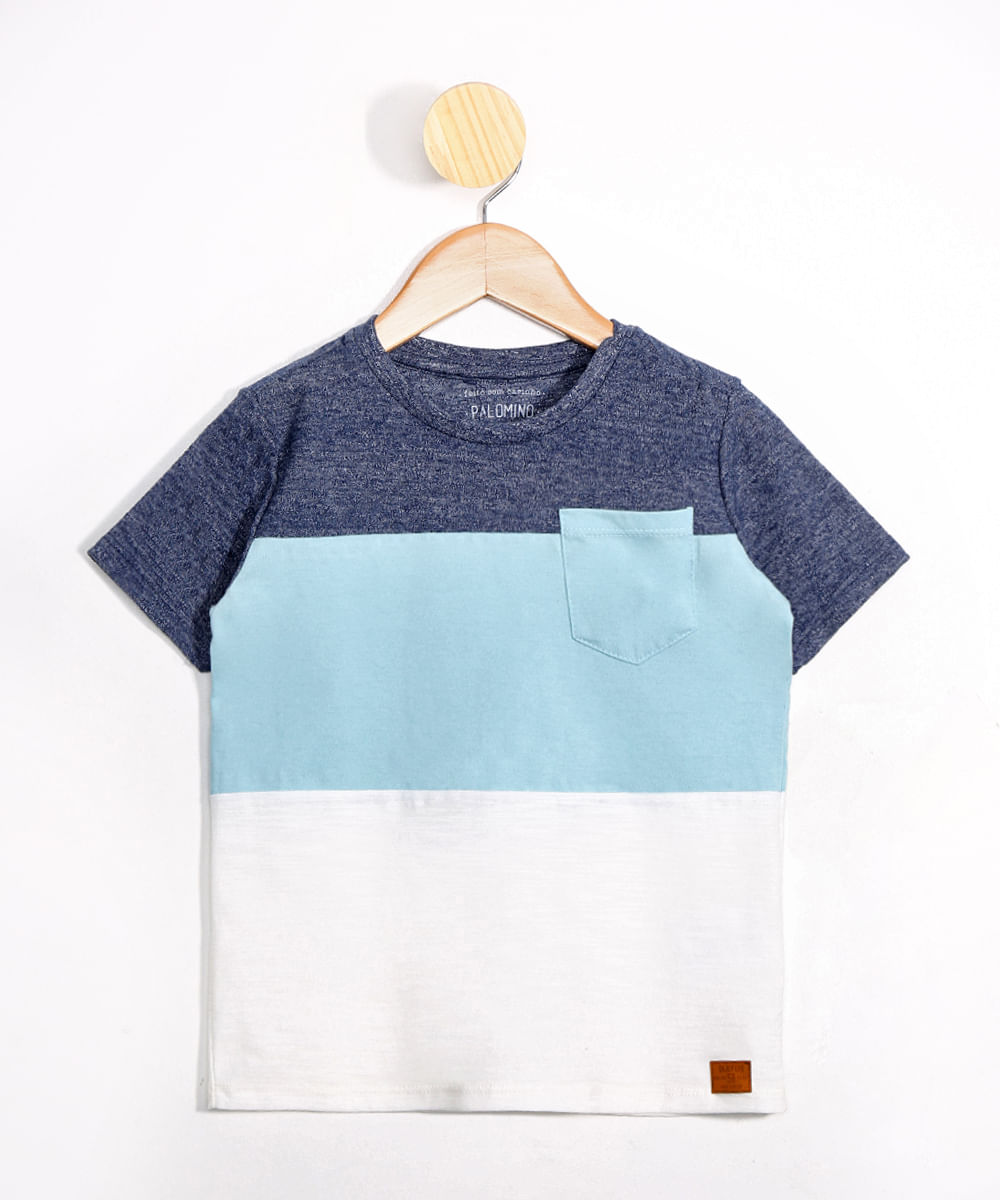 Camiseta Infantil com Recorte e Bolso Manga Curta Gola Careca Azul