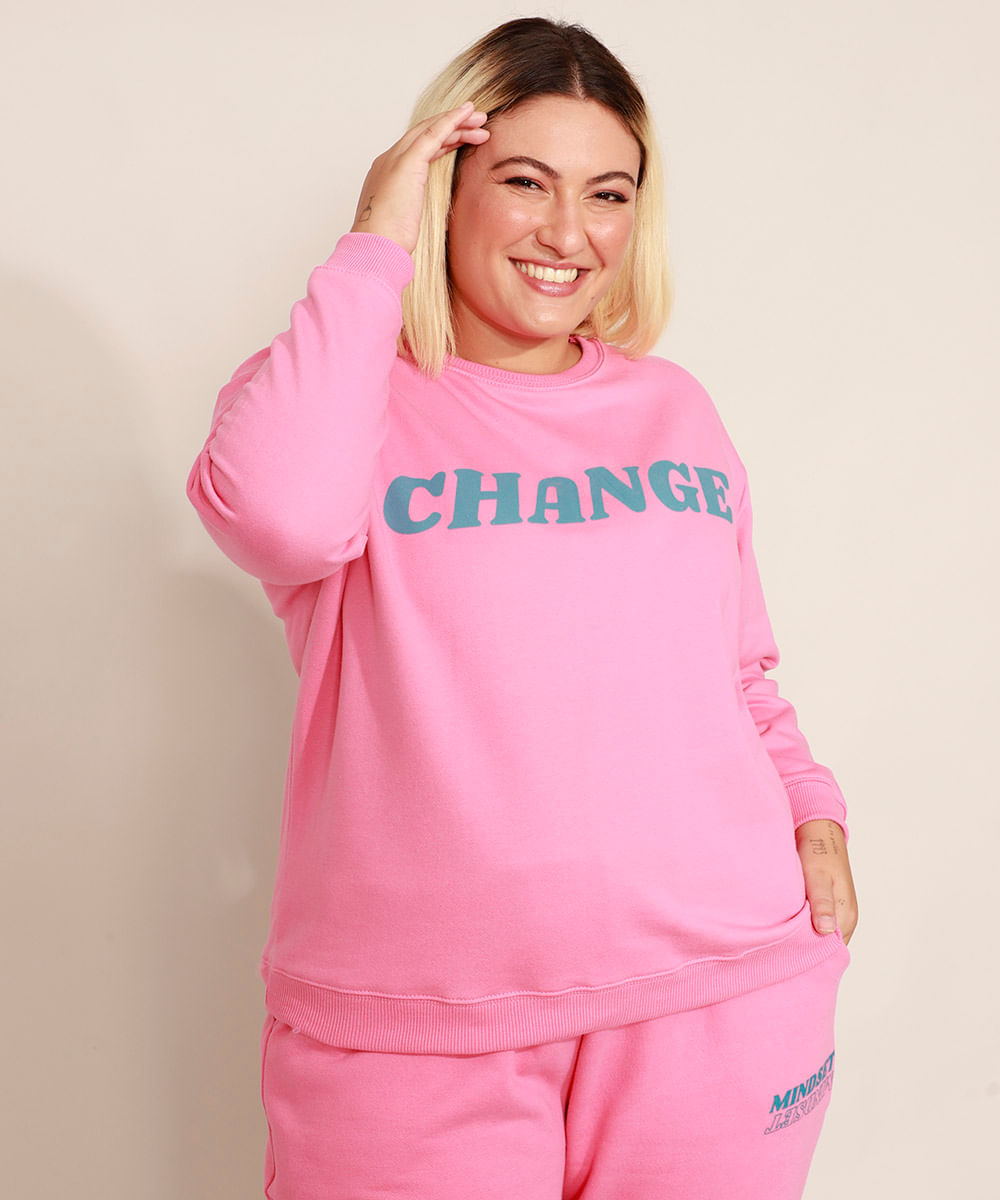 Blusão Oversized de Moletom Plus Size "Change" Decote Redondo Mindset Rosa