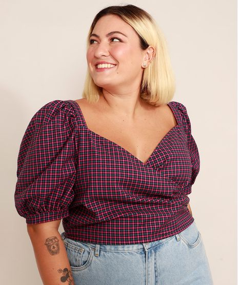 Blusa-Transpassada-Estampada-Xadrez-Plus-Size-Manga-Bufante-Decote-V-Mindset-Azul-Marinho-9993229-Azul_Marinho_1