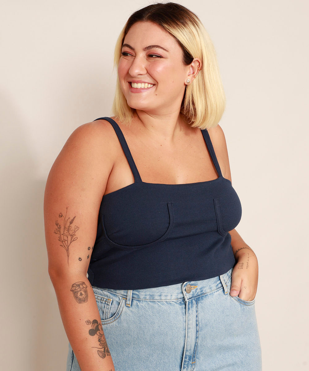 Top Cropped Canelado Plus Size com Recorte Alça Fina Decote Reto Mindset Azul Marinho